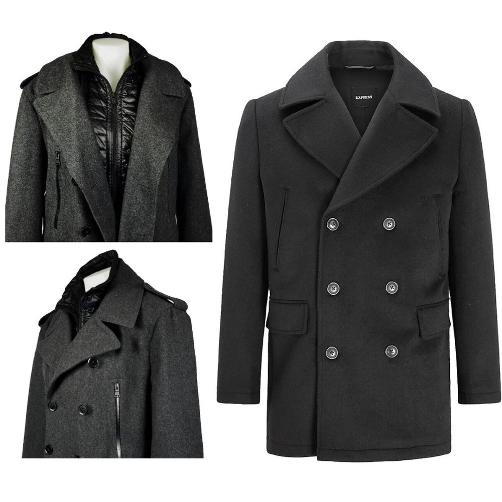 Express Wool-Blend Double Breasted Coat Double Collar 4-pockets Epaulettes Large